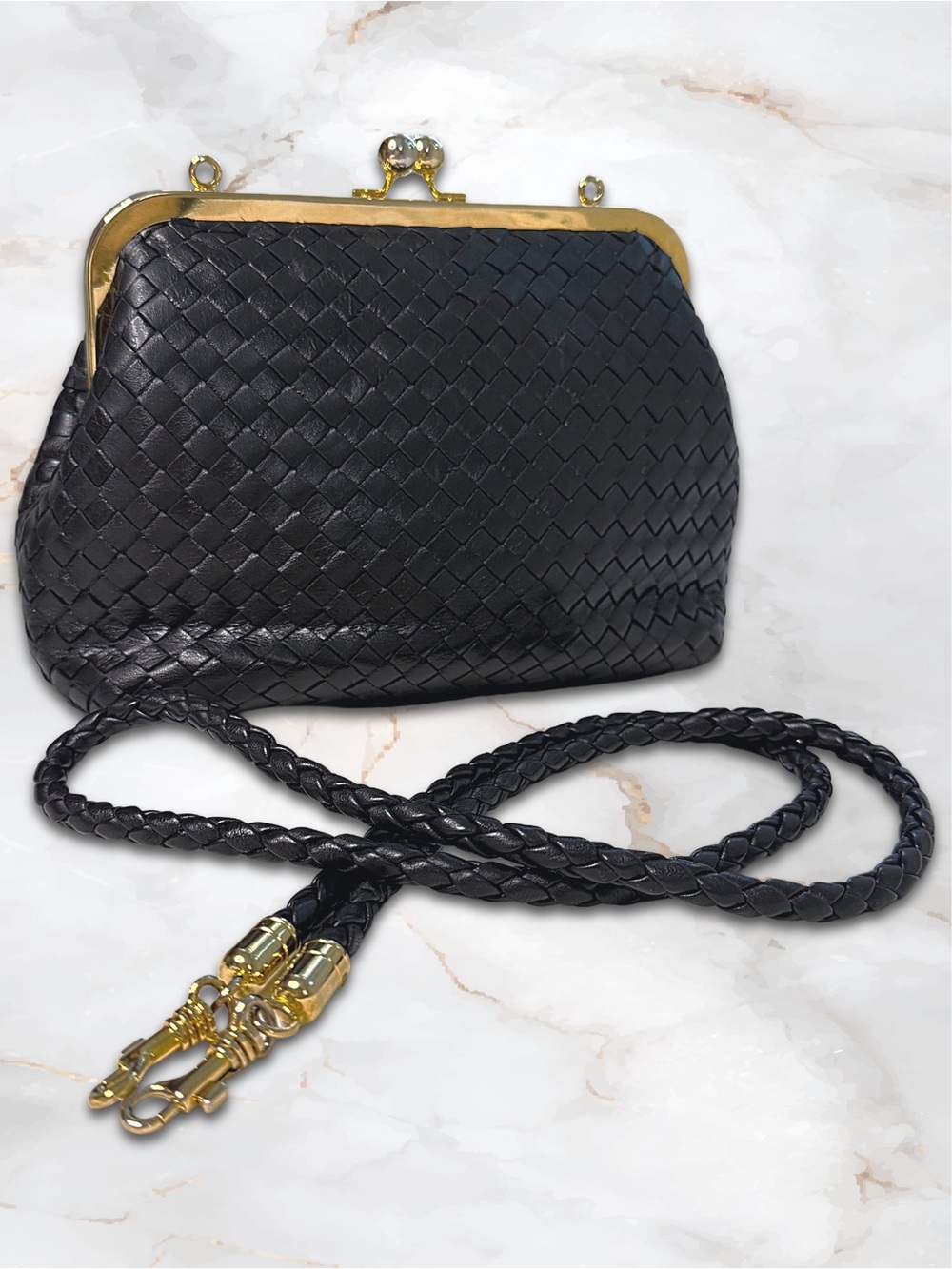 Vintage Black Woven Leather Kiss Lock Frame Bag 2 Way • Clutch Shoulder Purse - Picture 11 of 15